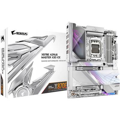 Carte mère de jeu AORUS Master X3D Ice X679E avec système de refroidissement avancé et éclairage RVB mis en avant.