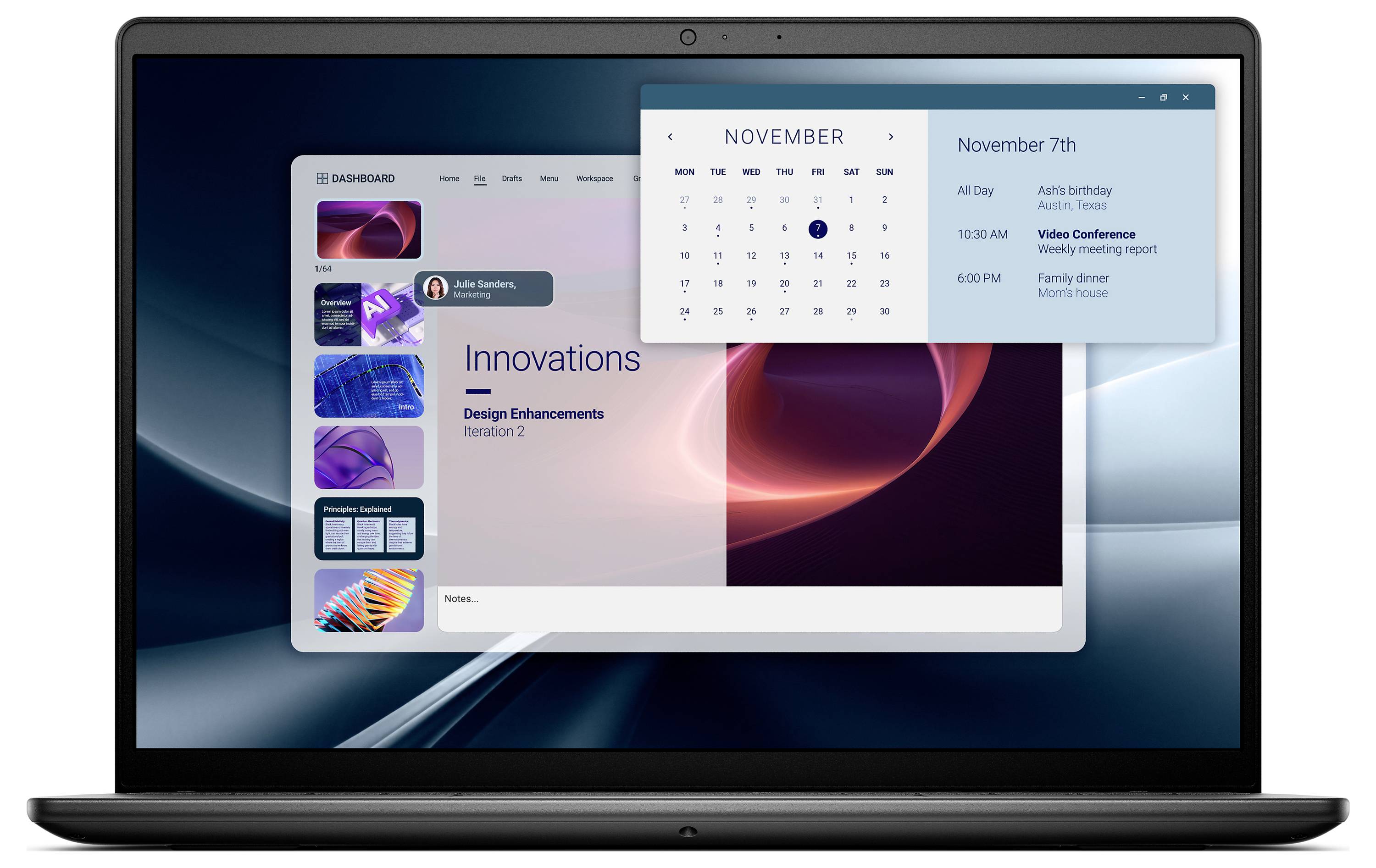 Un écran d'ordinateur portable affiche un calendrier avec le 7 novembre en surbrillance et des événements programmés. En arrière-plan, un tableau de bord de conception avec une note de réunion.