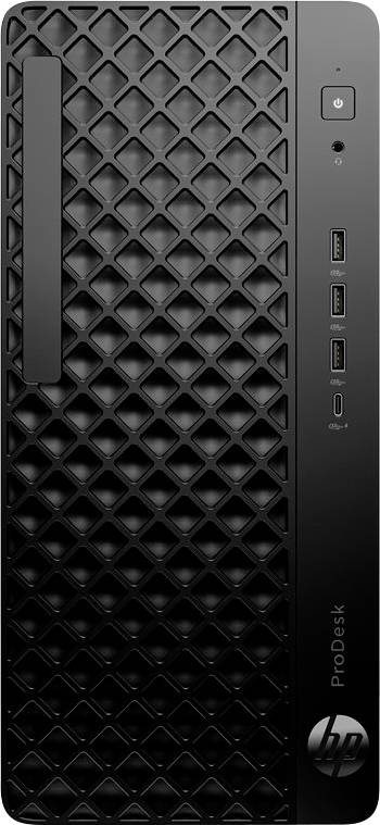 L'image montre le panneau avant d'un ordinateur de bureau HP ProDesk avec un motif diamanté texturé, un bouton d'alimentation et trois ports USB.