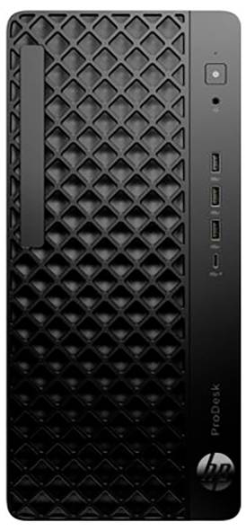 Une tour d'ordinateur de bureau noire avec un panneau avant texturé comprenant des ports USB, un bouton d'alimentation et le logo de la marque.