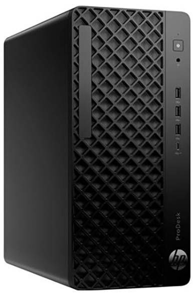 Une tour d'ordinateur noir avec un panneau avant texturé, comprenant un bouton d'alimentation, des ports USB et le logo HP.