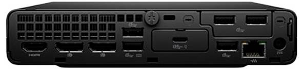 Vue arrière d'un mini PC présentant différents ports dont HDMI, DisplayPort, USB et Ethernet, indiquant des options de connectivité polyvalentes.