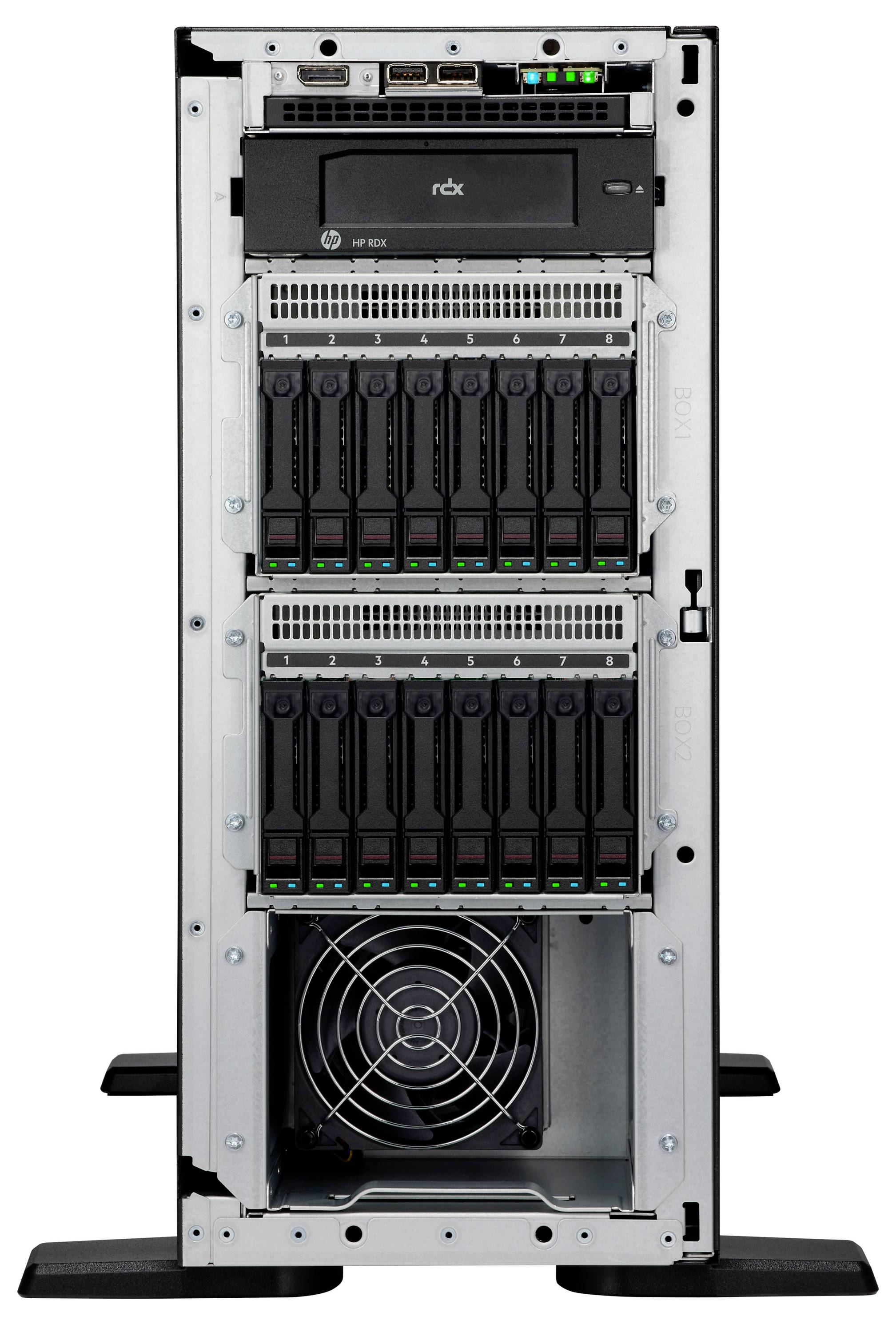 Vue de face d'une tour de serveur avec plusieurs baies de disques durs, un ventilateur de refroidissement en bas et un panneau de contrôle avec des voyants lumineux en haut.