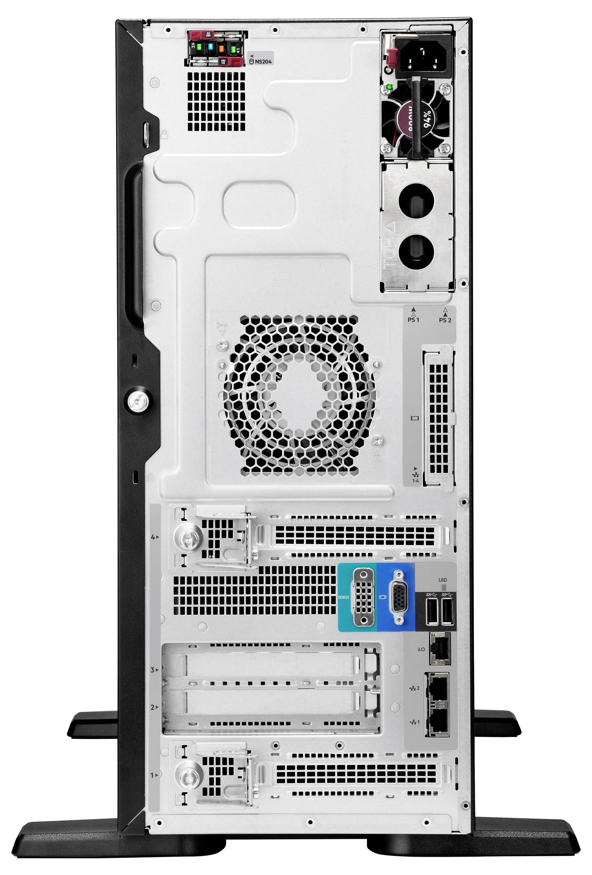 L'image montre le panneau arrière d'un boîtier d'ordinateur avec des ports et des ventilateurs visibles, utilisés pour connecter des périphériques et assurer le refroidissement.