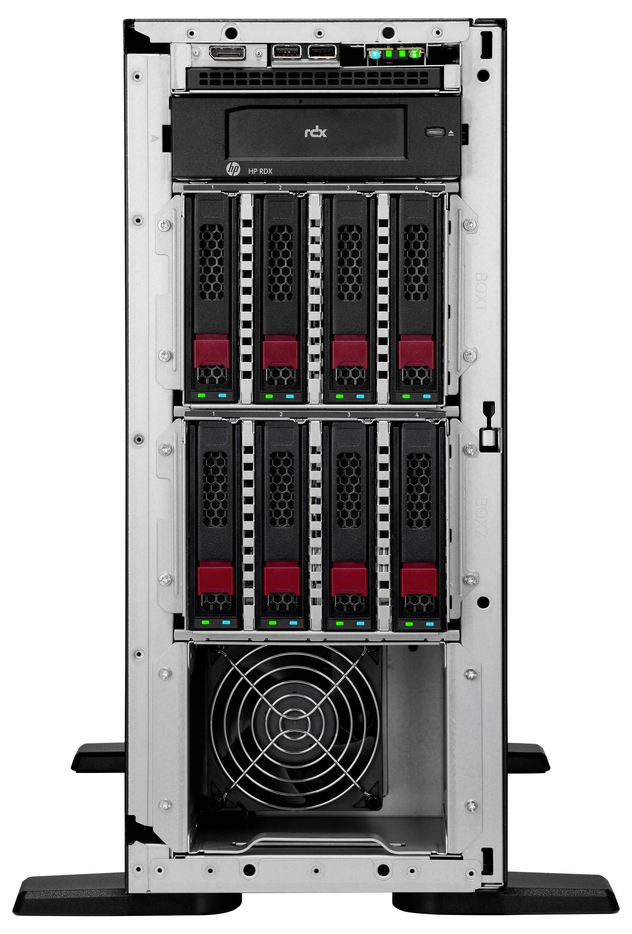 Panneau avant d'une tour de serveur ouvert montrant plusieurs baies de disques, chacune équipée d'un disque et d'indicateurs LED. Un ventilateur de refroidissement est visible en bas.