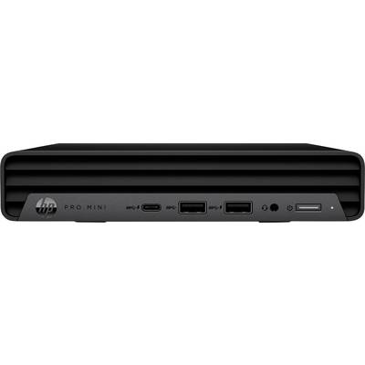 Vue de face d'un ordinateur HP Pro Mini noir, avec un port USB-C, deux ports USB-A, une prise audio, et un bouton d'alimentation.