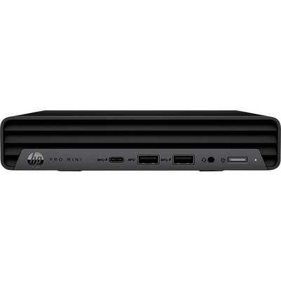 Vue de face d'un mini PC professionnel HP noir montrant divers ports, notamment USB-C, USB-A, prise jack pour casque et un emplacement pour carte SD.