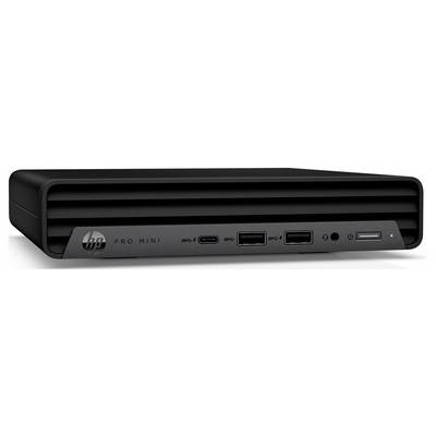 Un ordinateur de bureau compact noir HP Pro Mini avec plusieurs ports à l'avant, dont USB-C, USB-A et un lecteur de carte SD.