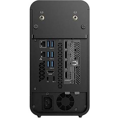 L'image montre la vue arrière d'un boîtier d'ordinateur noir avec plusieurs ports USB, des ports HDMI et une entrée de connexion d'alimentation en bas.