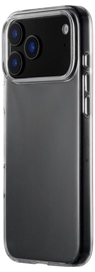 Un smartphone noir dans un étui transparent, doté de trois caméras arrière et d'un flash dans le coin supérieur gauche.