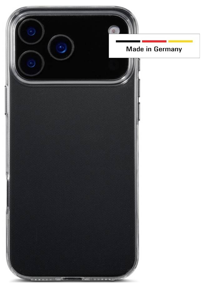Smartphone noir avec triple caméra et étui transparent. Une étiquette aux couleurs du drapeau allemand indique « Made in Germany ».