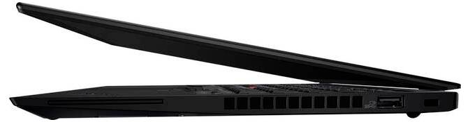 Un ordinateur portable noir fin, partiellement fermé, vu de profil, mettant en valeur son design élégant et les détails de ses évents.