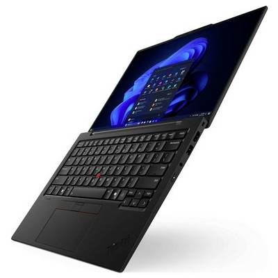 Un ordinateur portable noir au design épuré, doté d'un grand écran affichant une interface du système d'exploitation Windows. Le clavier est équipé d'un trackpoint rouge.
