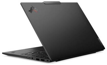 Ouvrez un ordinateur portable noir avec un écran incliné, affichant le logo « ThinkPad X1 » sur le couvercle.