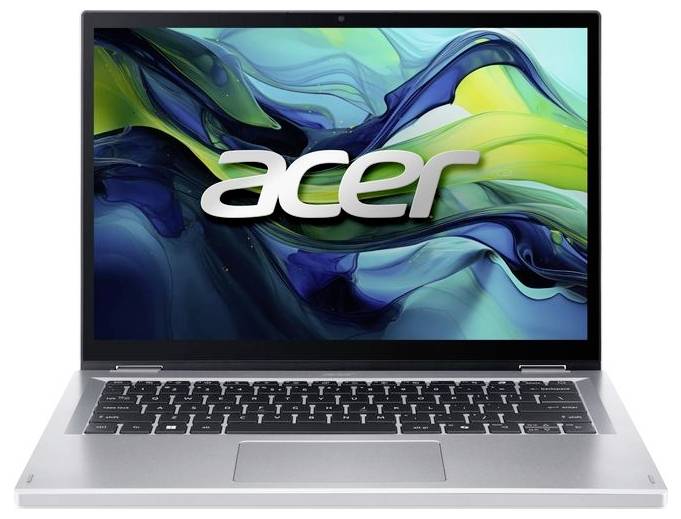 Un ordinateur portable argenté avec un design abstrait et coloré sur l'écran et le mot « Acer » affiché de manière bien visible au centre.