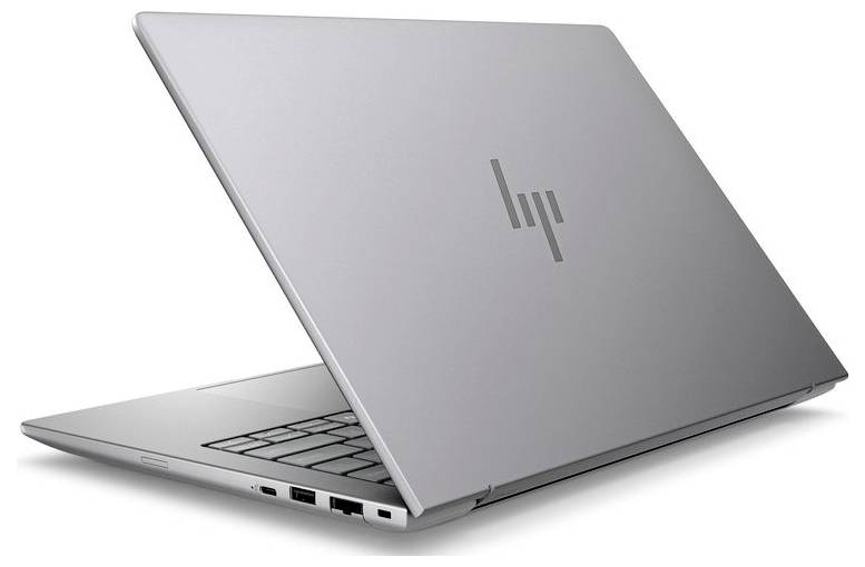 Ordinateur portable HP argenté à moitié ouvert, vu de dos. Affiche le logo HP, avec des ports visibles sur le côté.