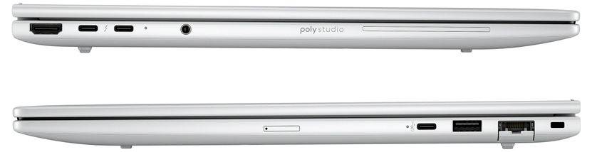Deux ordinateurs portables argentés montrés de côté, présentant divers ports dont USB, HDMI, Ethernet et une prise casque.