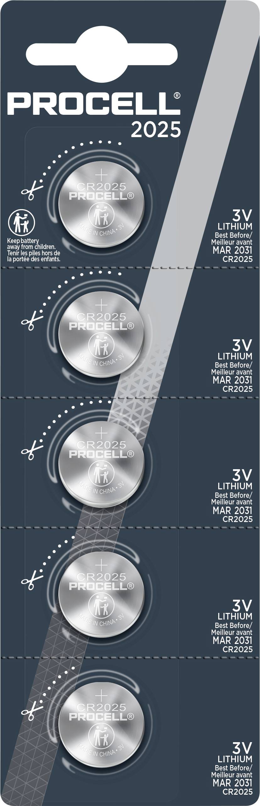 Batteries au lithium 'PROCELL 2025' en pack vertical. Cinq batteries bouton de 3V avec des étiquettes indiquant 'Lithium Coin' et une date d'expiration 'Mars 2025.'