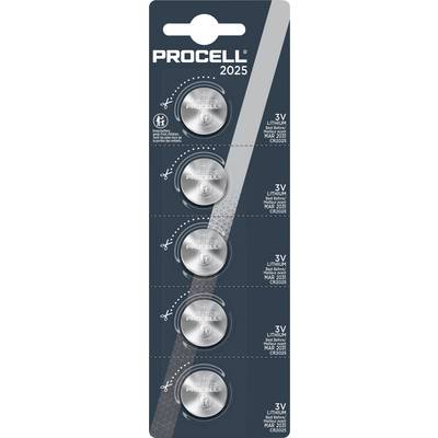 Batteries au lithium 'PROCELL 2025' en pack vertical. Cinq batteries bouton de 3V avec des étiquettes indiquant 'Lithium Coin' et une date d'expiration 'Mars 2025.'