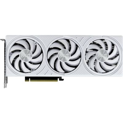 Une carte graphique blanche avec trois ventilateurs, portant l'étiquette « PΛLIT ». Elle dispose d'un connecteur PCIe sur le côté, adaptée à une utilisation dans du matériel informatique.