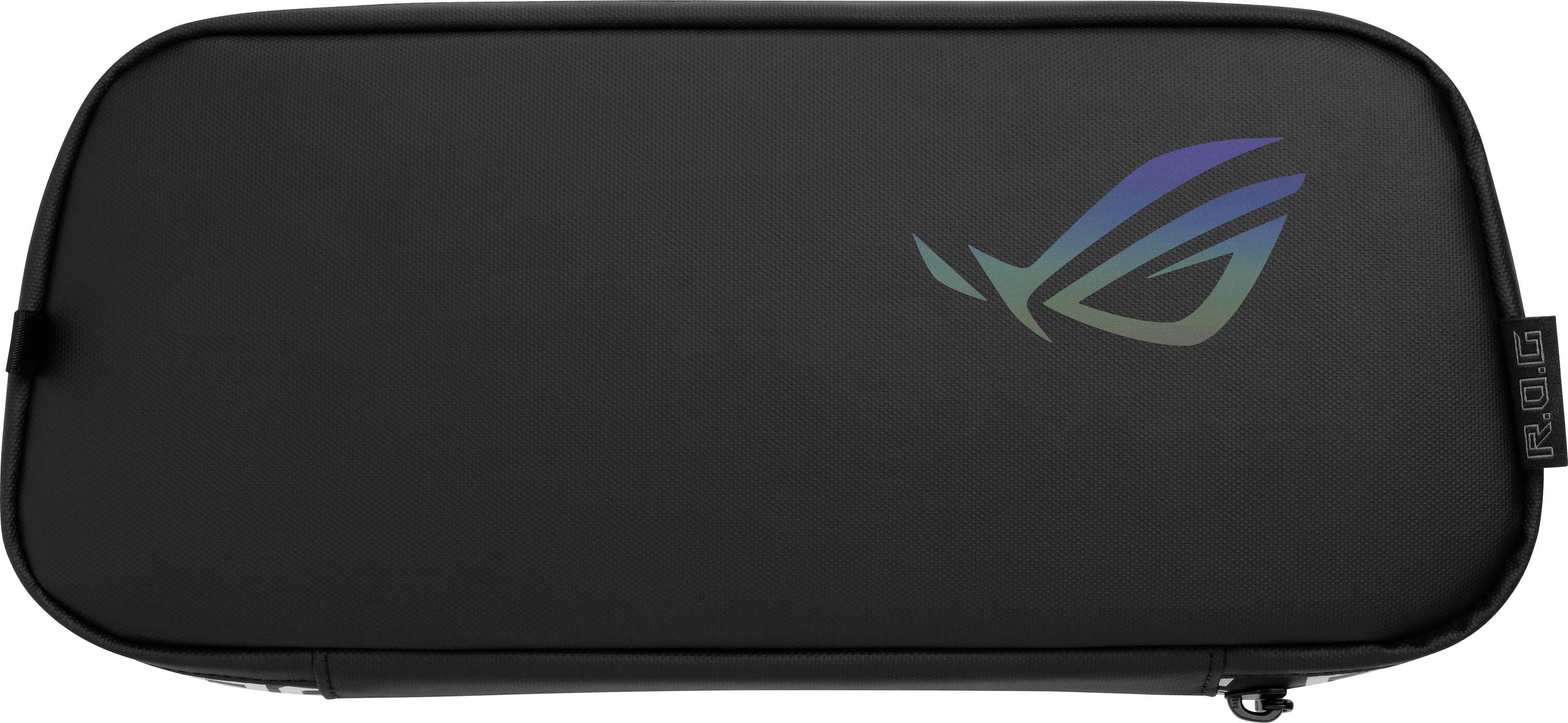 Un étui noir avec un logo stylisé et coloré à l'avant, probablement conçu pour ranger ou transporter des équipements électroniques ou des accessoires de jeu.