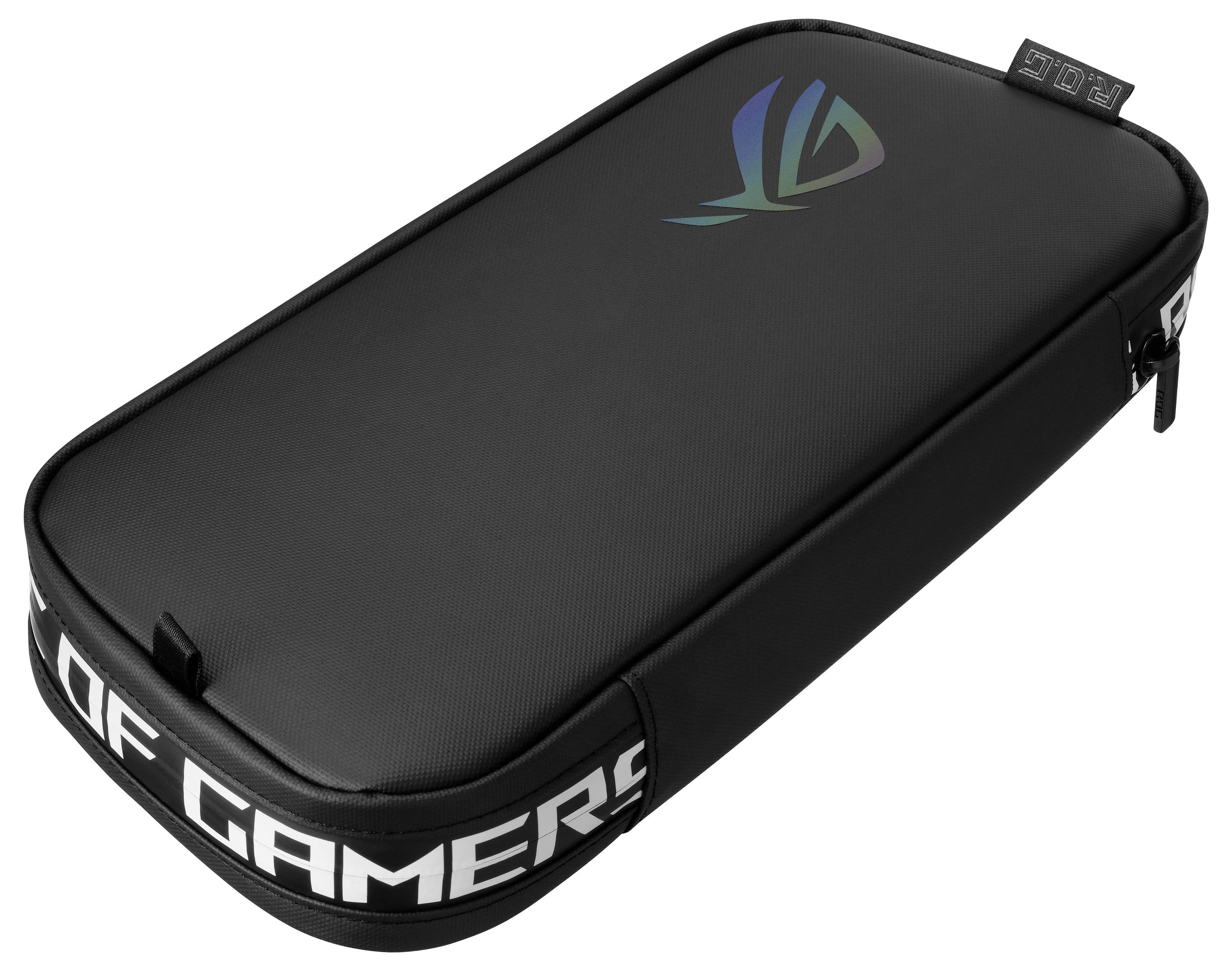 Un boîtier de jeu noir avec un logo coloré sur le dessus, portant le texte « ROG » sur le côté, conçu pour protéger les appareils de gaming.