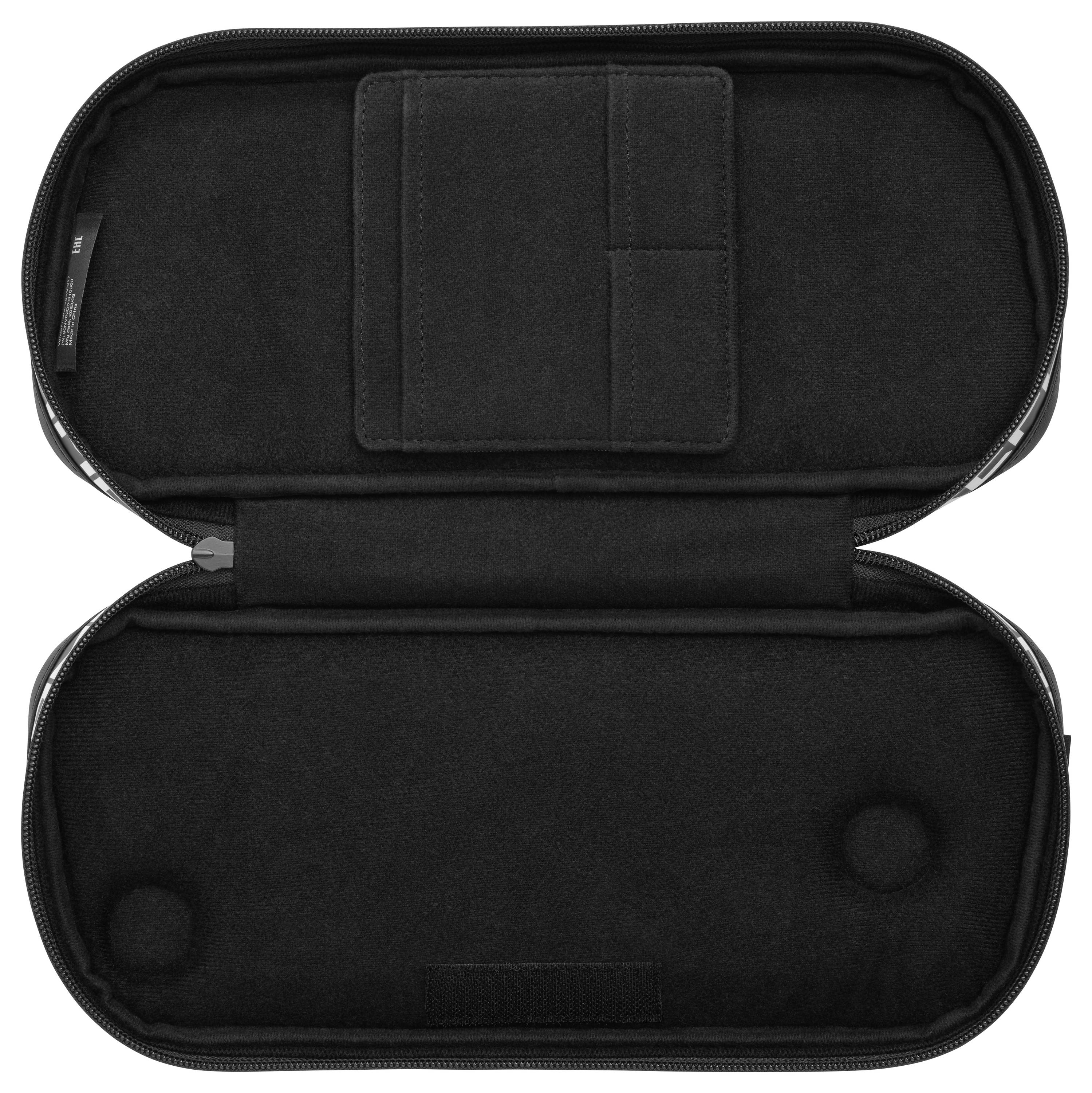 Une pochette noire à fermeture éclair ouverte, avec des compartiments pour organiser des objets, probablement utilisée pour ranger des accessoires électroniques ou de petits outils.