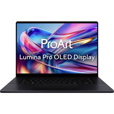 Un écran d'ordinateur portable affichant un art abstrait aux couleurs vives, avec le texte « ProArt Lumina Pro OLED Display » indiquant des graphiques de haute qualité.
