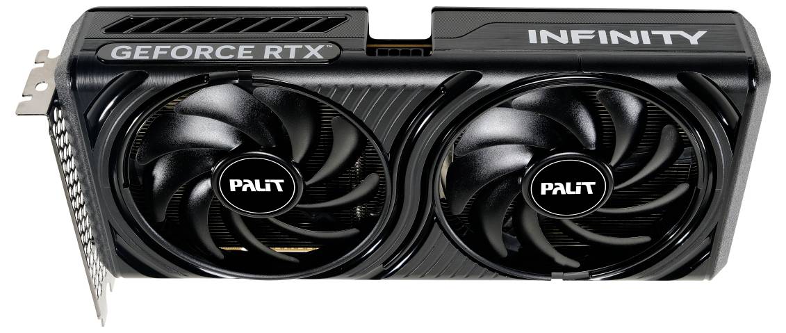 Une carte graphique noire avec deux ventilateurs de refroidissement, étiquetée 'GEFORCE RTX' et 'PALIT', conçue pour le gaming et l'informatique haute performance.