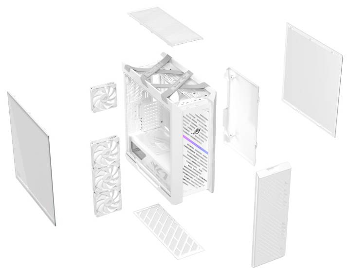 Vue éclatée d'un boîtier d'ordinateur blanc montrant les composants séparés : panneau avant, panneau supérieur, panneaux latéraux et ventilateurs internes.