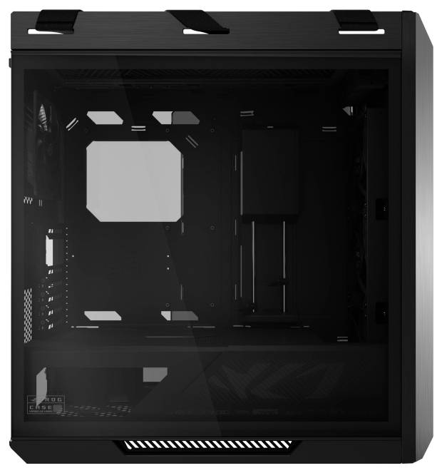 Un boîtier d'ordinateur noir avec un panneau latéral transparent révélant un intérieur vide, conçu pour mettre en valeur les composants internes.