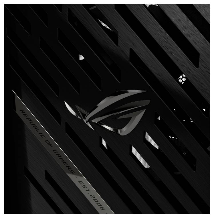 Un panneau avant de boîtier d'ordinateur noir doté d'un logo argenté et de fentes diagonales, avec le texte « Republic of Gamers FOND. 2006 » sur le côté.