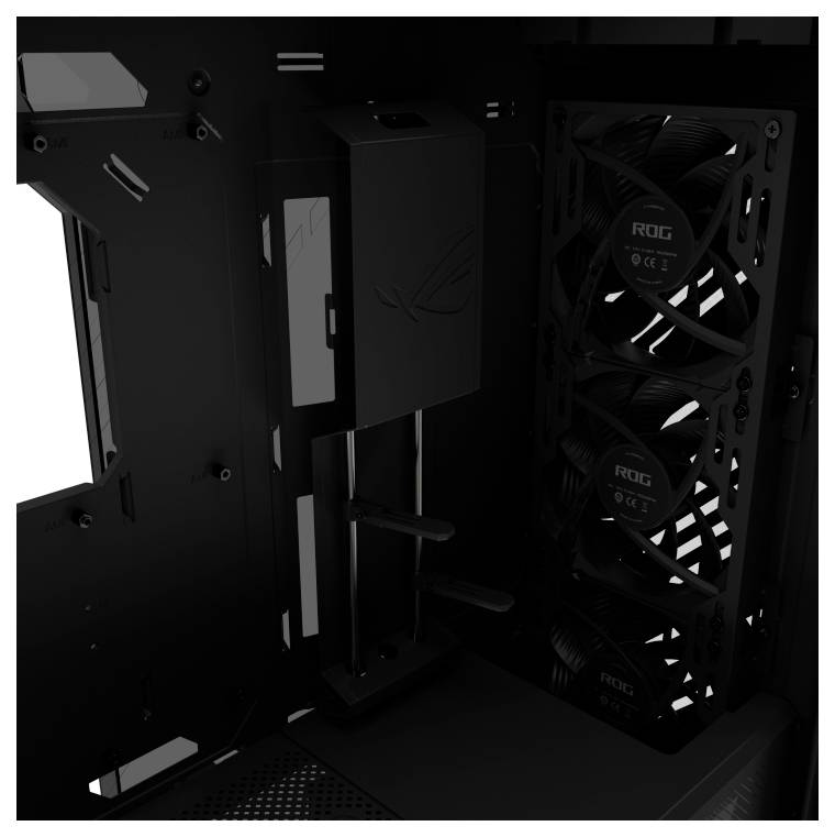 Un intérieur de boîtier d'ordinateur montrant plusieurs ventilateurs de refroidissement avec l'étiquette « ROG ». Le boîtier présente un design sombre et élégant avec un espace visible pour le câblage.