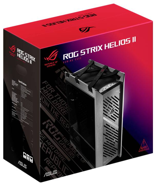 L'image présente l'emballage du boîtier gaming 'ROG Strix Helios II' en noir, avec le produit mis en valeur sur la face avant.