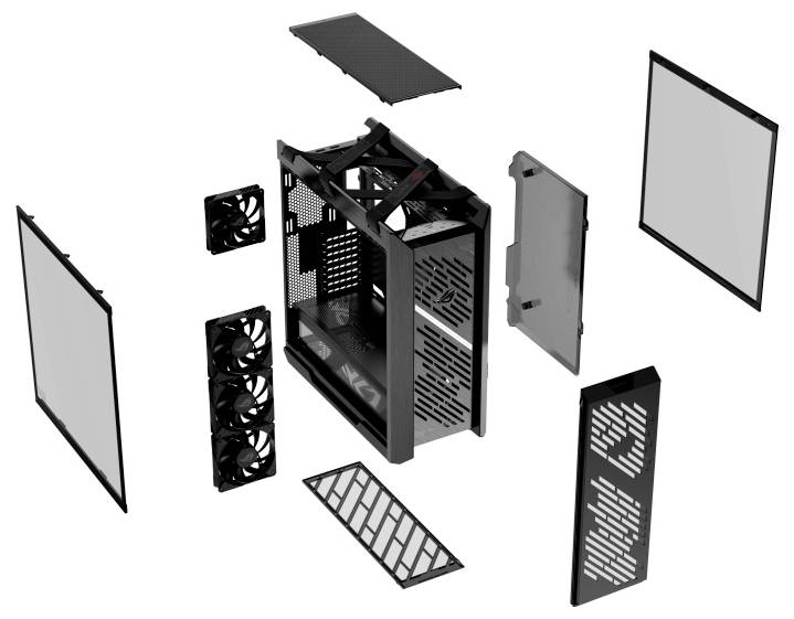 Boîtier d'ordinateur démonté en composants, incluant des panneaux, des ventilateurs et un châssis. Chaque pièce est présentée séparément, montrant sa disposition.
