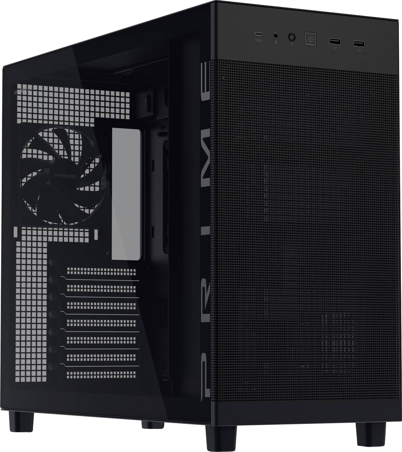 Boîtier d'ordinateur noir avec ventilation latérale et un panneau avant en maille, équipé de plusieurs ports USB sur le dessus. Adapté aux configurations de jeux.
