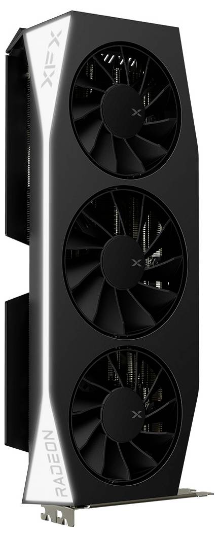Une carte graphique noire avec trois ventilateurs de refroidissement, marquée 'XFX' et 'Radeon' sur le côté, conçue pour l'informatique haute performance.
