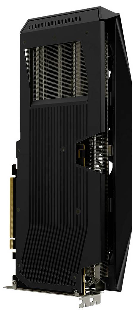 Une carte graphique noire présentée verticalement, dévoilant ses ailettes de refroidissement et sa plaque arrière en métal. Elle semble moderne et très performante.