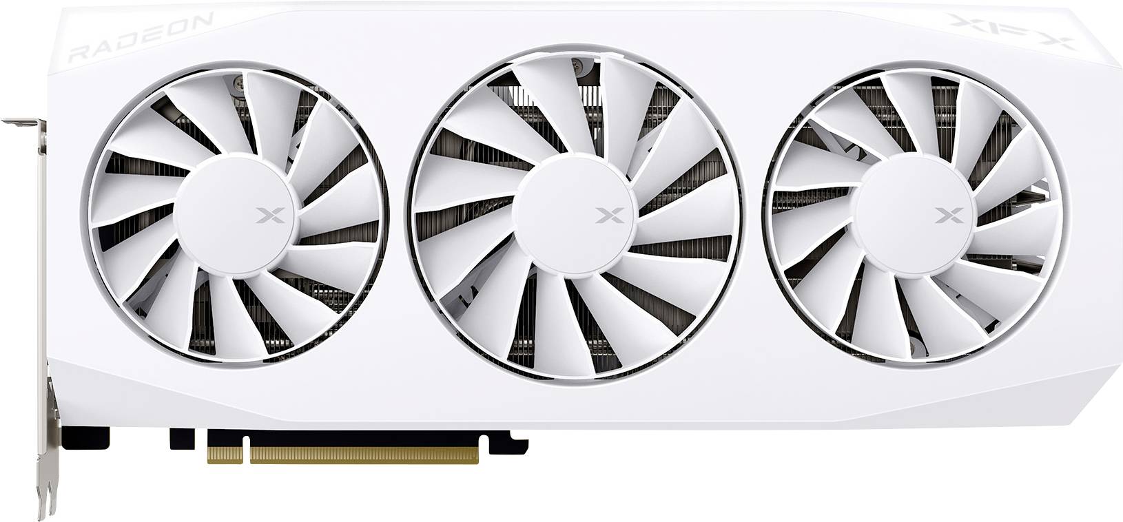 Une carte graphique blanche à trois ventilateurs, affichant le logo des marques 'XFX' et 'RADEON', conçue pour le calcul informatique haute performance.