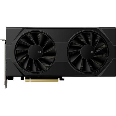Une carte graphique noire avec deux grands ventilateurs de refroidissement et un connecteur doré, présentant un design minimaliste pour des performances informatiques améliorées.