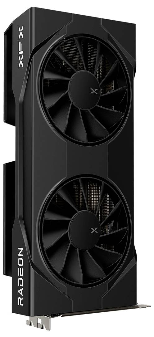 Une carte graphique noire avec deux grands ventilateurs de refroidissement et une marque 'Radeon' sur le côté, conçue pour le calcul haute performance.