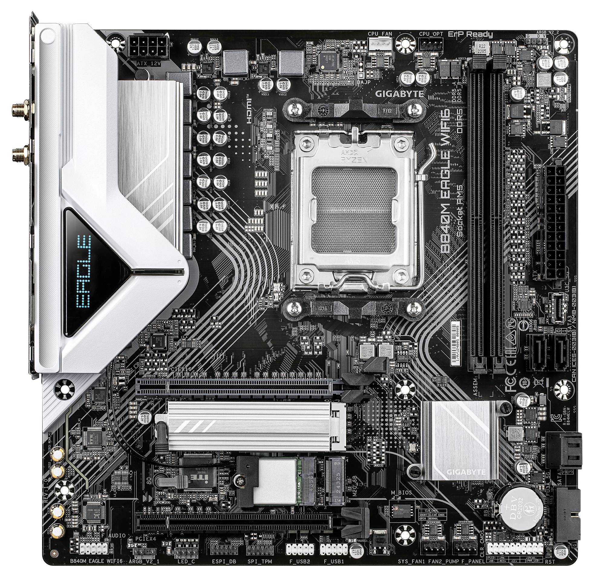 Une carte mère d'ordinateur présentant divers emplacements et composants, dont un socket processeur, des emplacements pour RAM et des slots PCIe, affichant l'étiquette « WiFi 6 ».