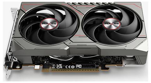 Une carte graphique équipée de deux ventilateurs, au design métallique élégant, et dotée de plusieurs ports de connectivité, optimisée pour l'informatique haute performance.