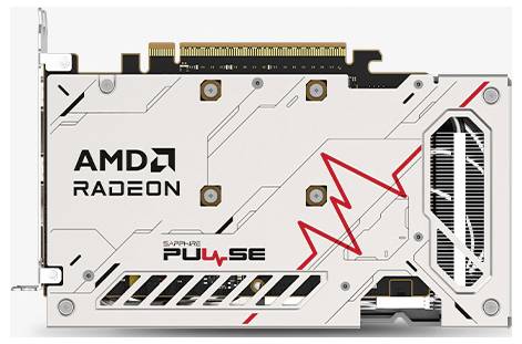 Carte graphique portant les marques 'AMD Radeon' et 'Sapphire Pulse', présentant un design géométrique blanc et rouge et un ventilateur de refroidissement visible.
