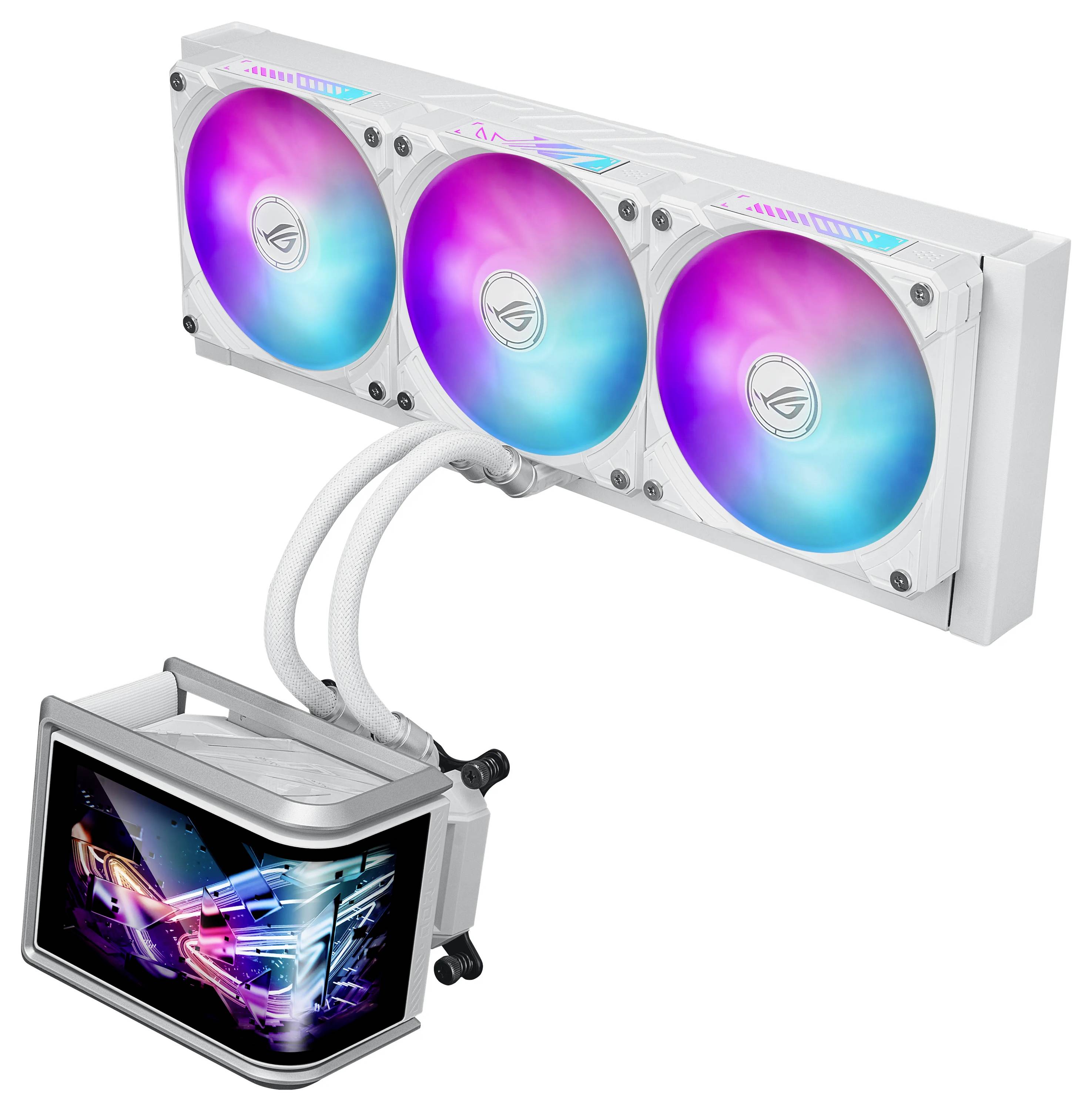 Un système de refroidissement pour ordinateur avec trois ventilateurs RGB et un écran connecté affichant des graphiques colorés.