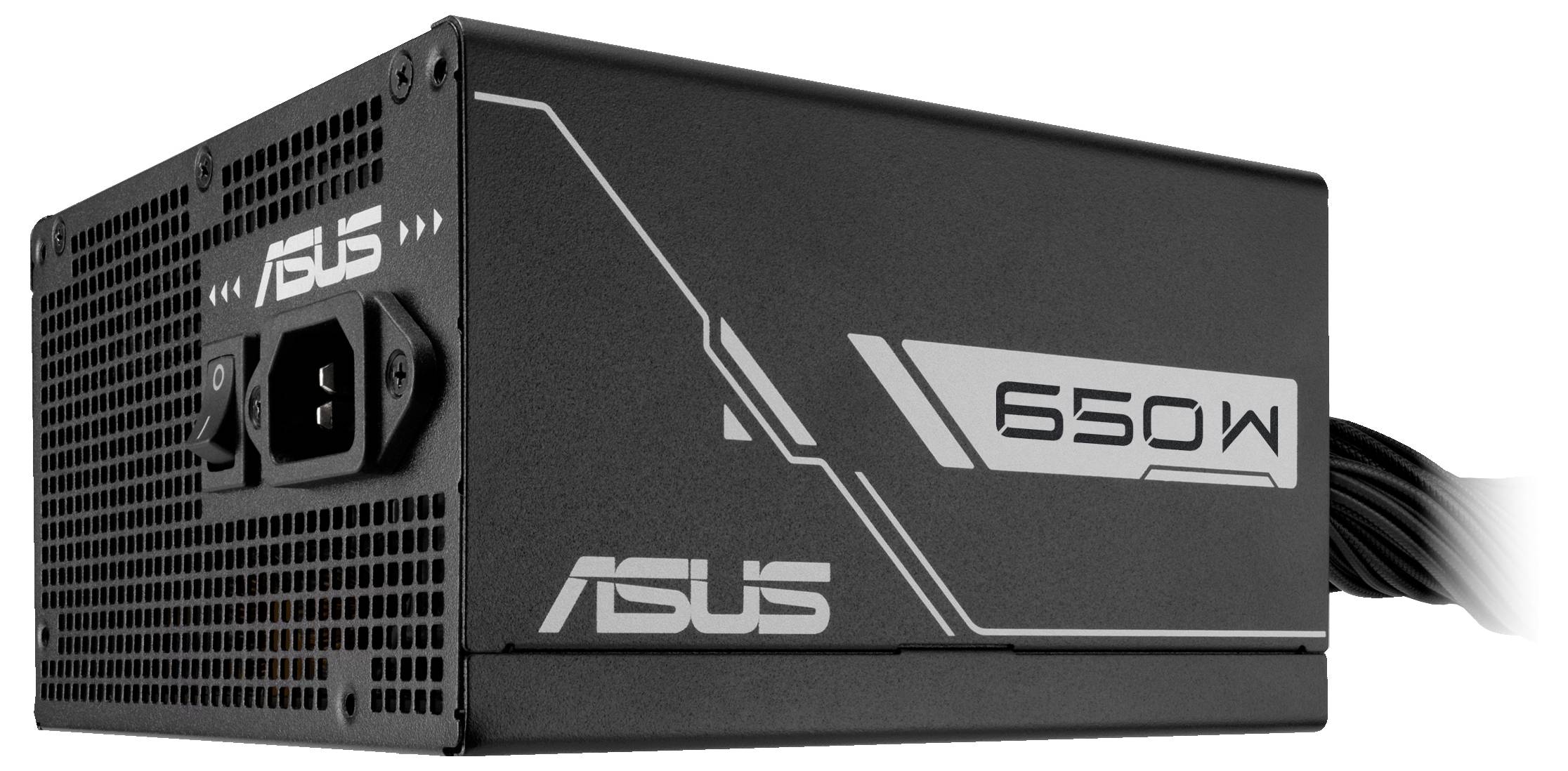 'Bloc d'alimentation ASUS de 650 watts avec côté ventilé et câbles attachés, adapté aux ordinateurs de bureau, conçu pour une gestion énergétique efficace.'