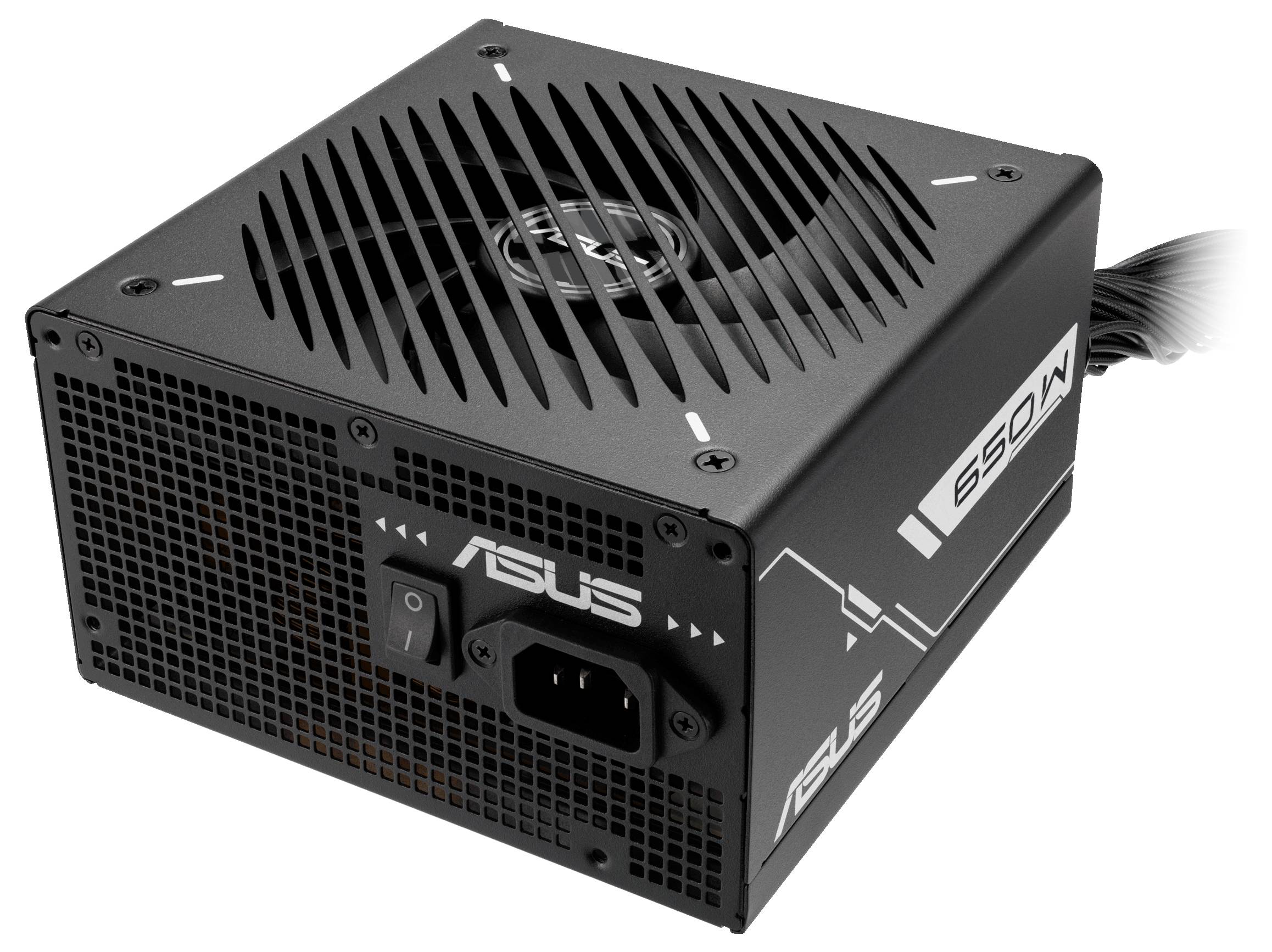 Un bloc d'alimentation ASUS noir avec une étiquette de 650W et une grille de ventilateur visible, conçu pour fournir de l'électricité aux ordinateurs.
