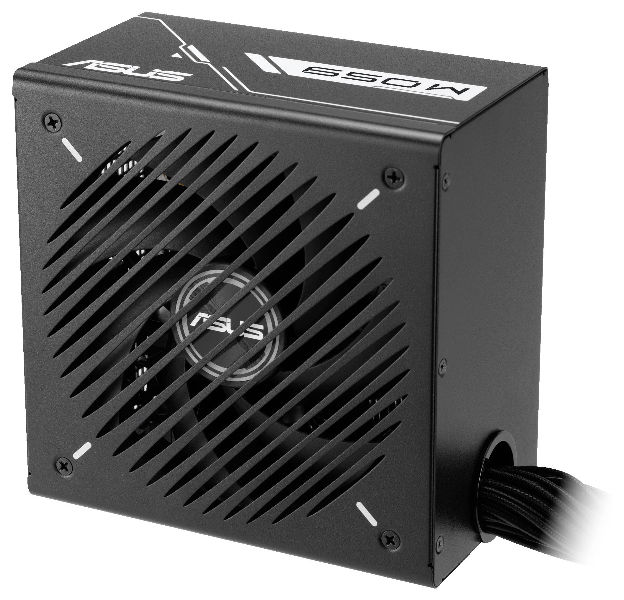 Un bloc d'alimentation ASUS noir de 650W avec un ventilateur de refroidissement visible et un câble sortant du côté.
