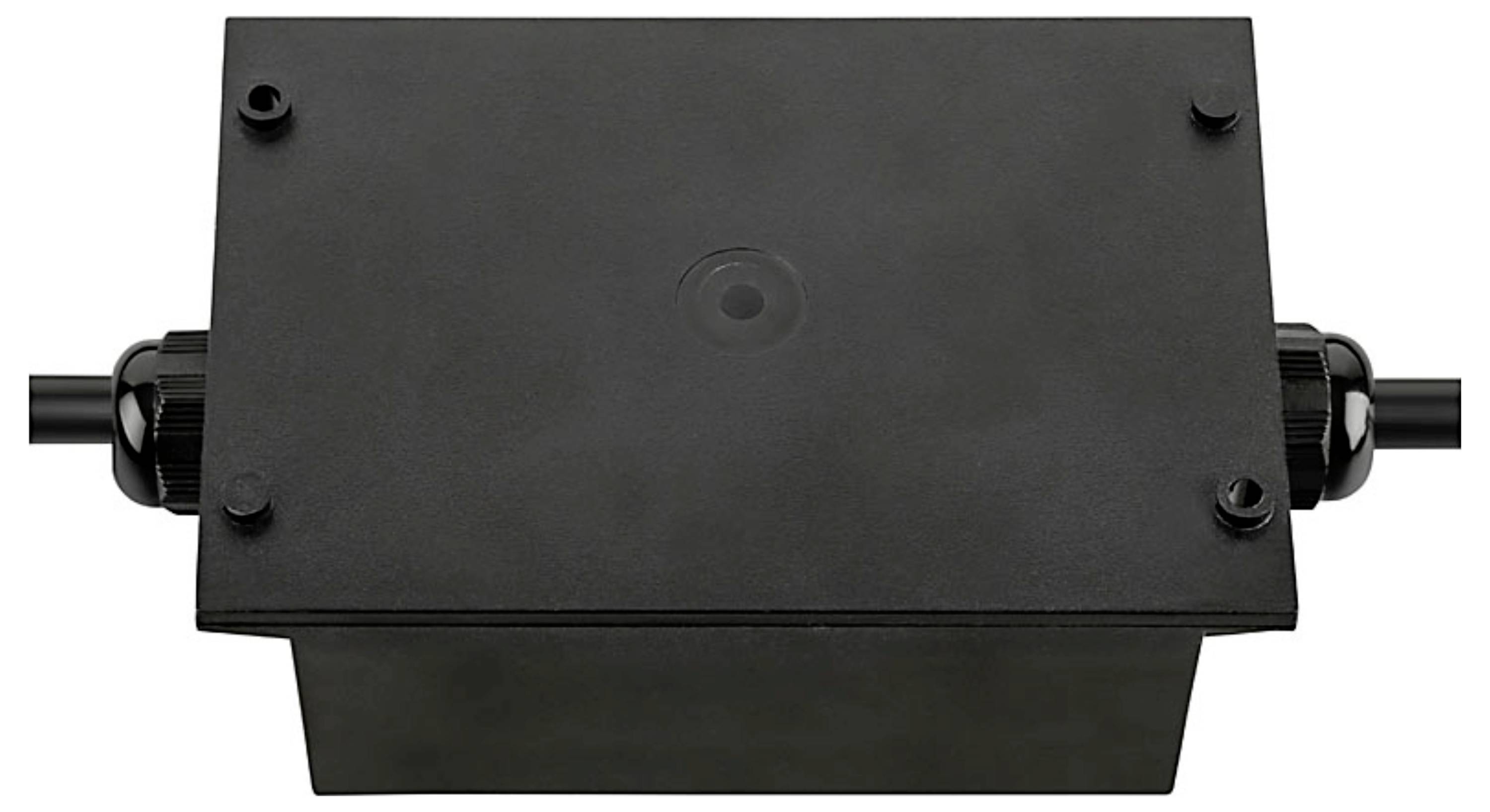 Un boîtier d'alimentation électrique noir, rectangulaire, avec des câbles sortant des deux côtés, fixé solidement au moyen de quatre vis sur une surface plane visible.