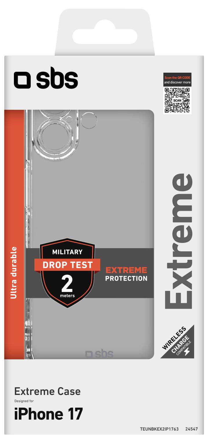 Étui Extrême pour iPhone 17 avec étiquette 'Test de Chute Militaire 2 mètres', indiquant une durabilité ultra renforcée et compatible avec la charge sans fil.